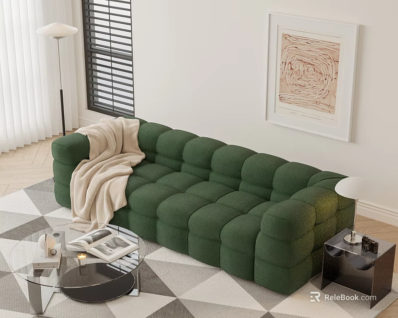 Green Sectional Sofa With Cozy Blanket Glass Coffee Table Floor Lamp And Wall Artwork 3d model 