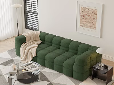 Green Sectional Sofa With Cozy Blanket Glass Coffee Table Floor Lamp And Wall Artwork 3d model