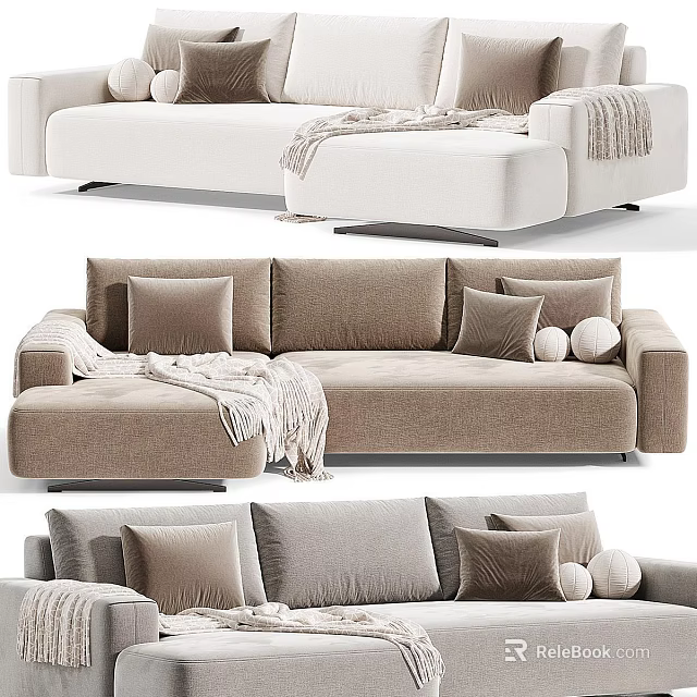 Modern Sectional Sofas In Neutral Tones With Pillows And Soft Throw Blankets 3d model 
