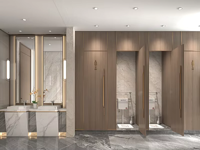 Modern Public Restroom Interior Design With Marble Vanity And Wooden Stalls And LED Lighting 3d model