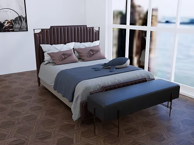 Double Bed With Brown Headboard Pillows Gray Blanket And Navy Bench On Herringbone Wooden Floor 3d model