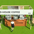 D HOUSE COFFEE Booth With Orange Counter Menu Posters Grass Area Chairs And Plants