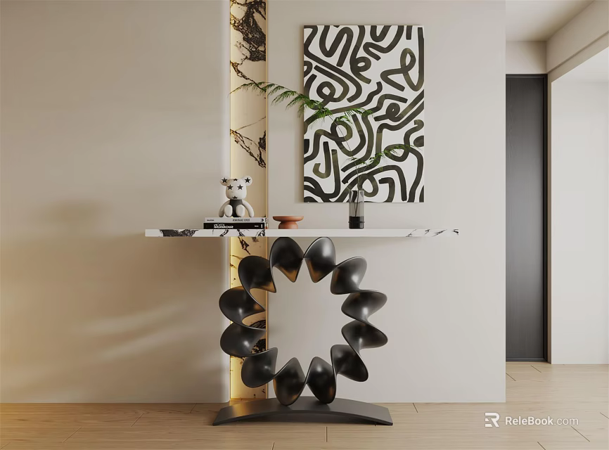 Modern Console Table With Marble Top Black Spiral Base And Abstract Wall Art 3d model 