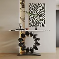 Modern Console Table With Marble Top Black Spiral Base And Abstract Wall Art 3d model