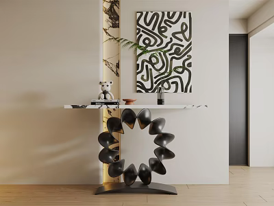 Modern Console Table With Marble Top Black Spiral Base And Abstract Wall Art 3d model