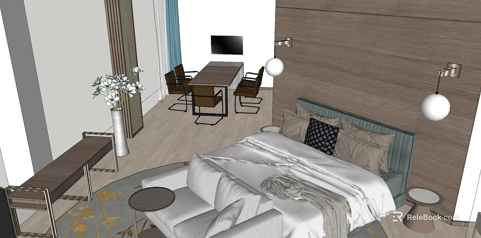 Cozy Hotel Room Interior With Bed Sofa Small Round Table And Wooden Wall 3d model 