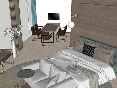 Cozy Hotel Room Interior With Bed Sofa Small Round Table And Wooden Wall 3d model