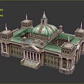 Classical Architecture With Green Gold Dome Red Flags Stone Columns And Symmetrical Steps 3d model