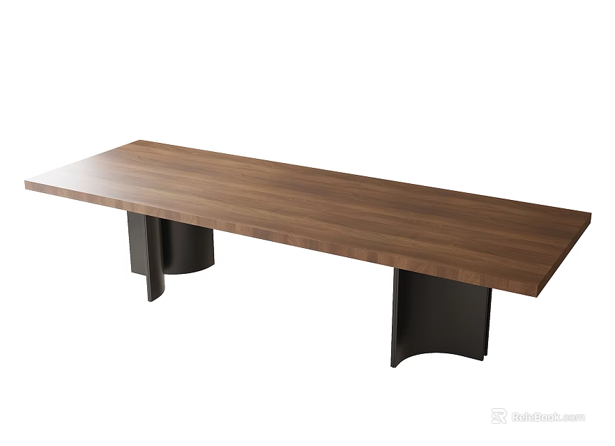Modern Dining Table With Long Wooden Surface And Sturdy Black Metal Legs 3d model 