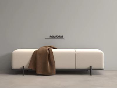 Modern Upholstered White Bed Bench With Black Metal Legs And Brown Blanket 3d model