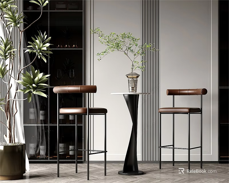 Modern Interior With Bar Stools Brown Leather Seats Black Metal Frames High Table And Plants 3d model 