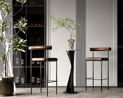 Modern Interior With Bar Stools Brown Leather Seats Black Metal Frames High Table And Plants 3d model