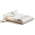 Modern Minimalist Double Bed With Upholstered Headboard Wooden Frame And White Bedding