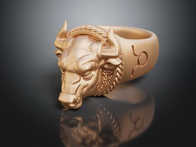 Elegant Golden Bull Head Design Ring With Taurus Symbol And Detailed Craftsmanship 3d model