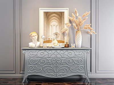 Elegant Carved Entryway Console Table With Decorative Mirror Sculpture Dried Flowers And Vase 3d model