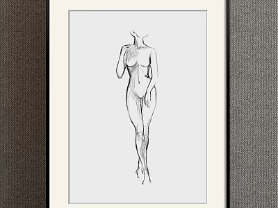 Minimalist Black And White Line Drawing Of Headless Female Figure With Light Frame On Dark Wall Background 3d model