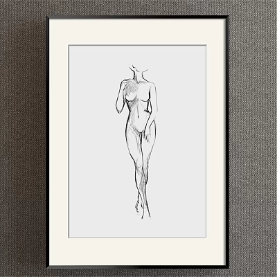 Minimalist Black And White Line Drawing Of Headless Female Figure With Light Frame On Dark Wall Background 3d model