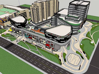 Modern Commercial Complex With High Rise Buildings Plaza Green Spaces And Retail Areas 3d model