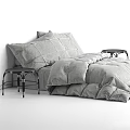 Double Bed with Soft Gray Quilted Bedding and Black Metal Side Table and Round Cushion 3d model