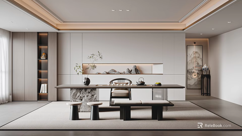 Modern Tea Room Interior Design With Long Table Tea Sets Chair Stools And Mountain Painting 3d model 