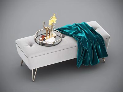 Tufted Light Gray Sofa Bench With Gold Metal Legs Dark Green Velvet Blanket Round Tray 3d model