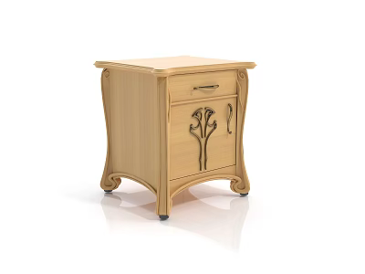 Light Colored Wooden Bedside Table With Drawer Cabinet Door Carved Floral Pattern Curved Legs 3d model