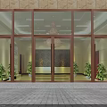 Entrance Glass Door with Red Frame Beige Wall Green Plants and Gray Brick Floor