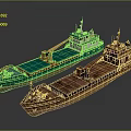 Water Vessels Modern Cargo Ship With Green Red Hull Yellow Crane And Rusty Barge