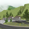 Traditional Architecture With Mountain View Green Trees Grassland And Stone Road