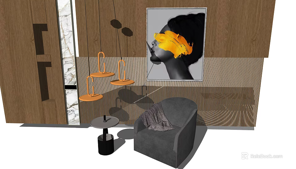 Modern Grey Single Sofa Interior With Side Table And Wall Artwork 3d model 
