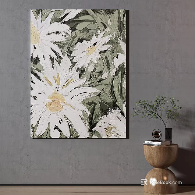 Decorative White Floral Artwork on Gray Wall with Wooden Table Books and Plant 3d model 