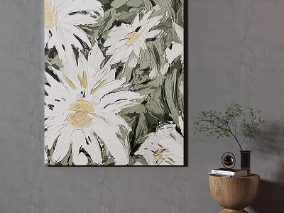 Decorative White Floral Artwork on Gray Wall with Wooden Table Books and Plant 3d model