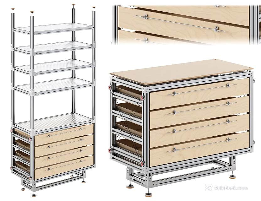 Modern Display Shelves with Silver Metal Frame Transparent Shelves and Wooden Drawers 3d model 