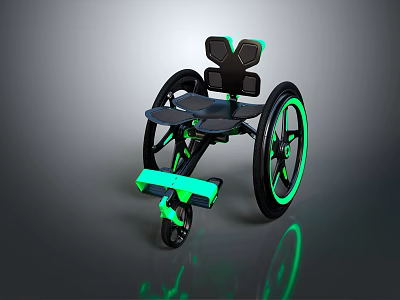 Modern Ergonomic Wheelchair Design With Green Accents On Wheels Footrest And Seat 3d model