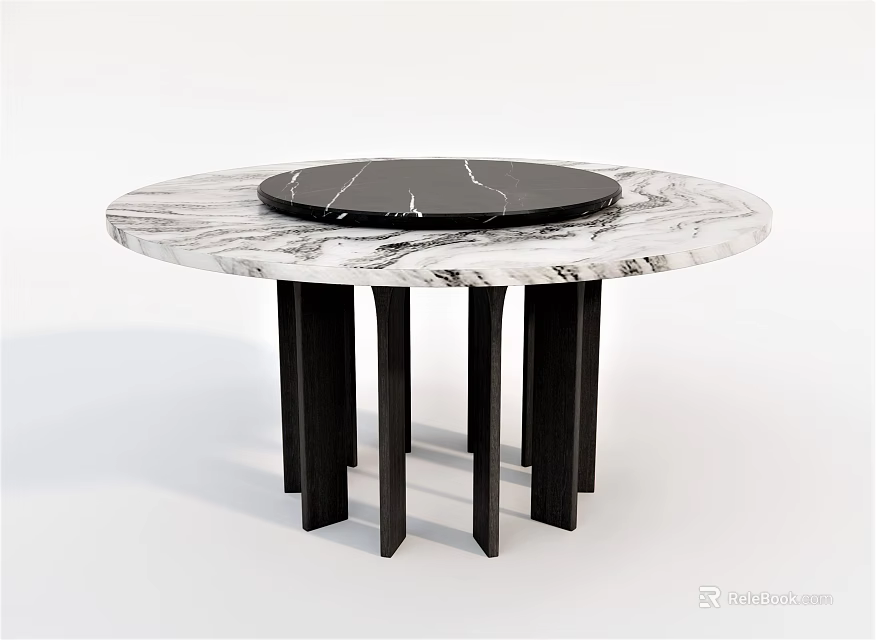 Modern Round Dining Table With White Marble Top Central Black Section And Black Legs 3d model 
