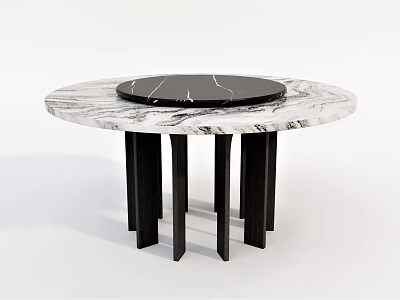 Modern Round Dining Table With White Marble Top Central Black Section And Black Legs 3d model