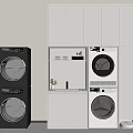 Modern Stackable Washing Machines In Gray And White With Storage Cabinets 3d model