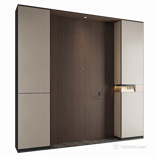 Modern Style Wooden Flush Door With Light Colored Side Panels And Metal Hardware 3d model 