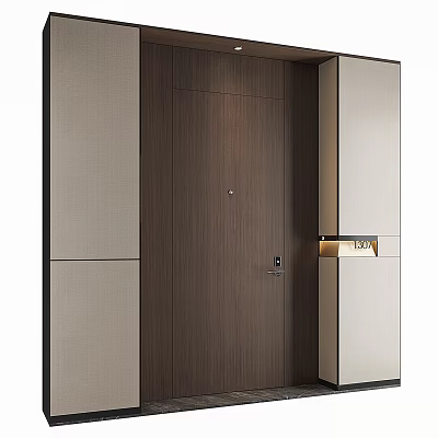 Modern Style Wooden Flush Door With Light Colored Side Panels And Metal Hardware 3d model