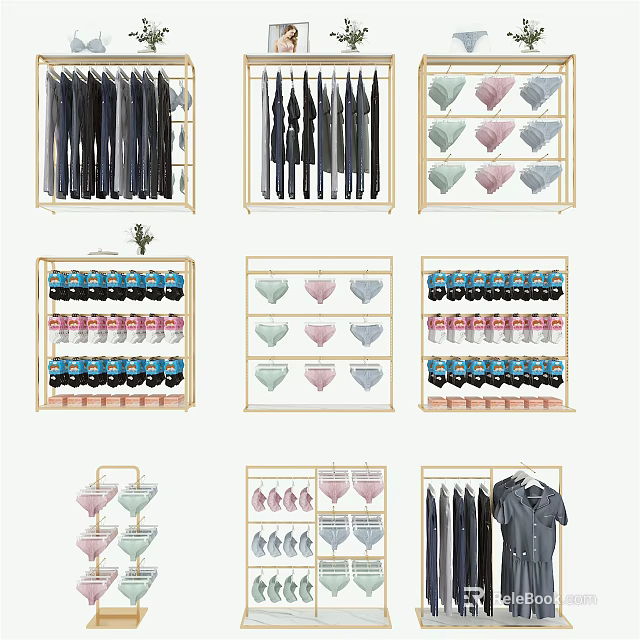 Modern Retail Display Shelves With Multi Tiered Racks Holding Clothing Shoes And Accessories 3d model 