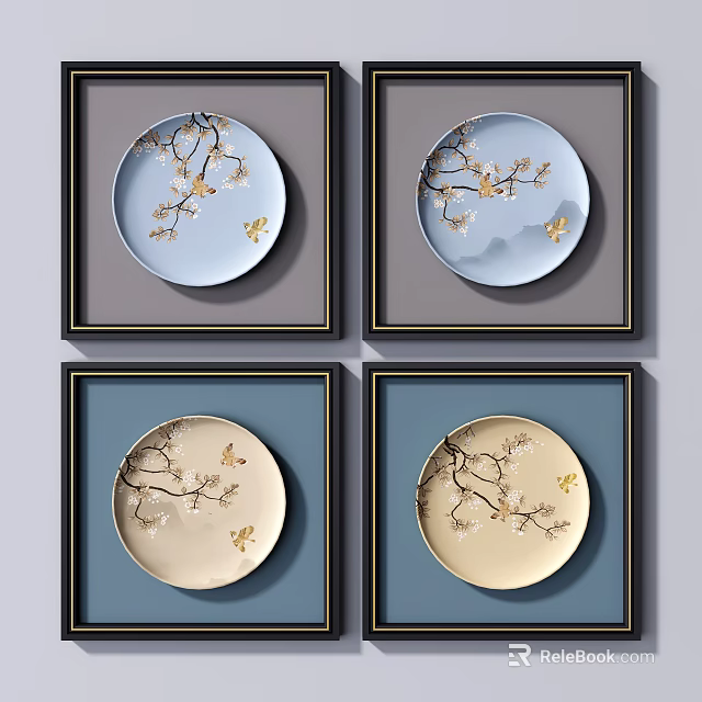Four Framed Circular Botanical Paintings With Branches Blossoms Butterflies On Light Blue Beige Backgrounds 3d model 