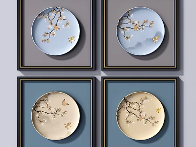 Four Framed Circular Botanical Paintings With Branches Blossoms Butterflies On Light Blue Beige Backgrounds 3d model
