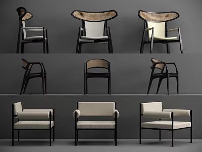 Modern Dining Chairs With Rattan Backs Upholstered Seats And Black Frame Designs 3d model