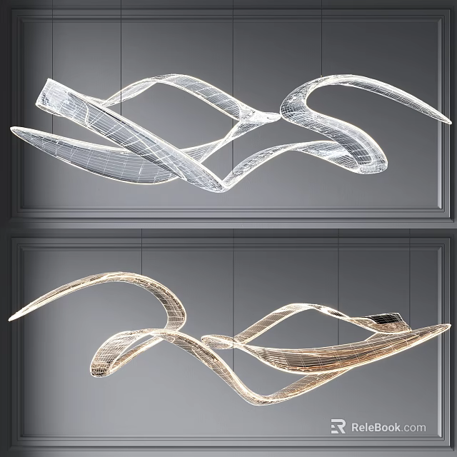 Abstract Chandelier With Curved Transparent And Golden Design For Modern Interior 3d model 