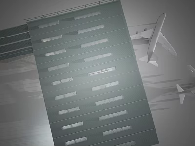 Passenger Plane Flying Near Tall Green Building With Multiple Windows 3d model
