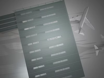 Passenger Plane Flying Near Tall Green Building With Multiple Windows 3d model