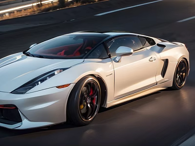 White Modern Sports Car With Black Roof And Red Brake Calipers On Highway 3d model