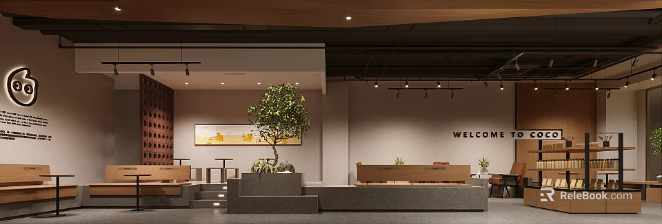 Modern Milk Tea Shop Interior With Plants And Art Decor 3d model 