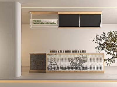 Modern Minimalist Bar Counter With Wooden Floating Cabinet Perforated Design And Green Plant 3d model