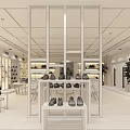 Modern Shoe Store Open Design With Glass Doors Display Shelves Green Plants And Marble Floor